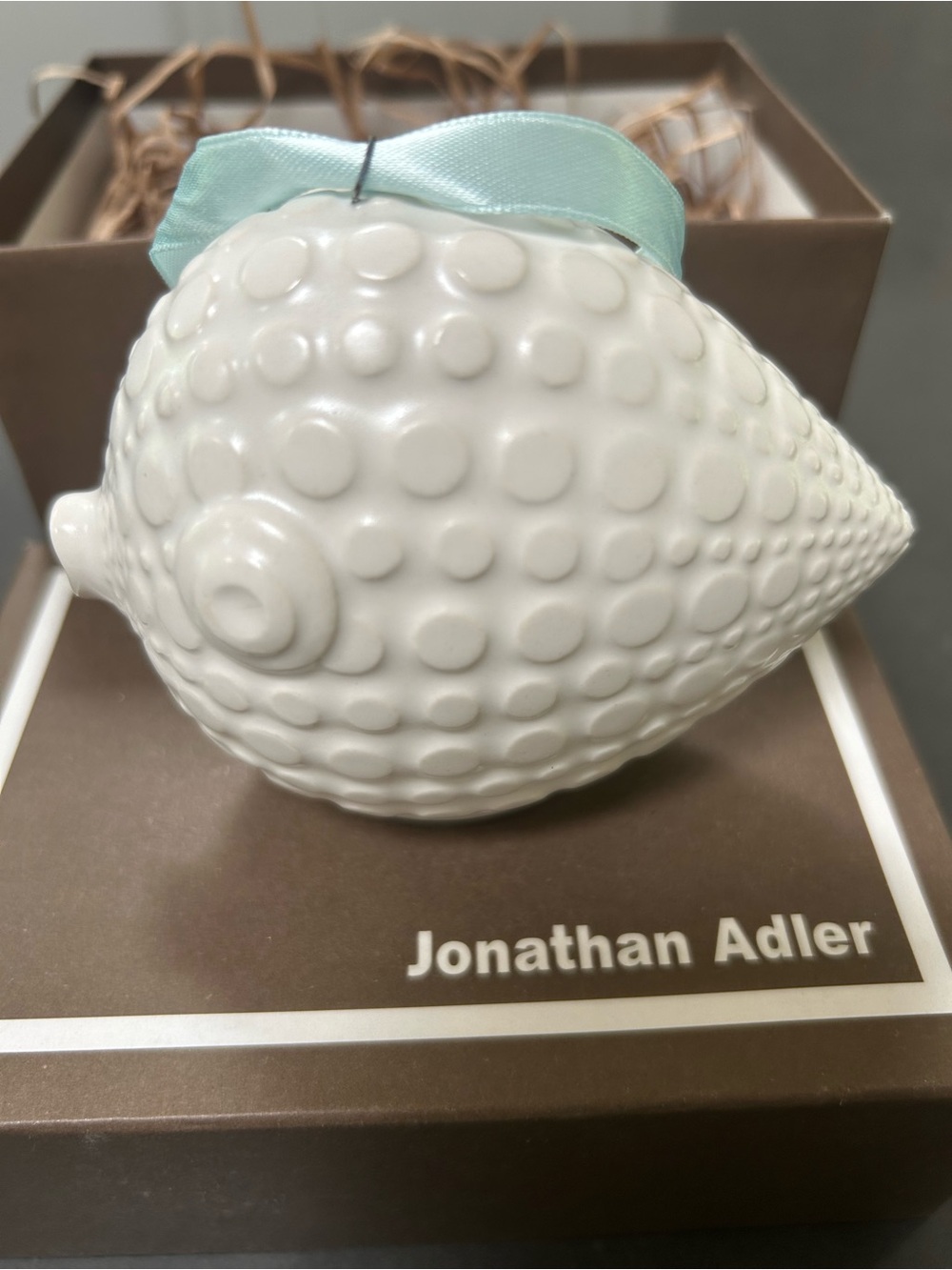 Iconic Jonathan Adler blowfish puffer White ceramic ornament.